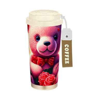 Imagem de TSENQUE Rosas de urso de pelúcia rosa, copo de café de viagem de 473 ml com canudo e tampa de enchimento, copo de parede dupla isolado a vácuo com revestimento cerâmico para escritório, escola, festa