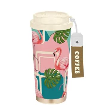 Imagem de TSENQUE Copo de café tropical geométrico rosa flamingos 473 ml com canudo e tampa de filp, canecas de café de parede dupla isoladas a vácuo com revestimento cerâmico para escritório, escola, festa