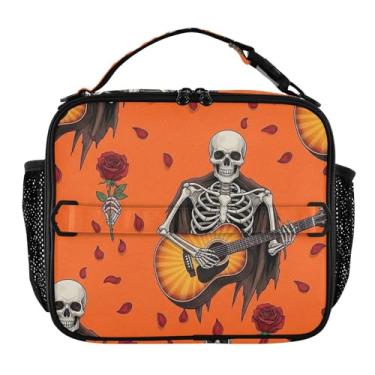 Imagem de Joisal Lancheira de guitarra esqueleto engraçada personalizada laranja para mulheres meninas lancheira alça de ombro ajustável masculina crianças lancheira para trabalho bolsa isolada engraçada fofa