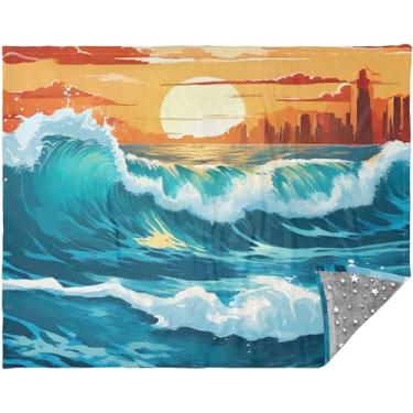 Imagem de TSENQUE Manta de lã personalizada Sea Wave Sunset Manta de lã mais macia para sofá Cobertor xadrez estampado 177,8 cm x 139,7 cm