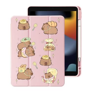 Imagem de Linda capivara Kawaii para iPad Pro de 12,9 polegadas 5ª/6ª geração 2022/2021/2020 com suporte para lápis, hibernar/despertar automático, capa traseira de acrílico transparente de couro rosa