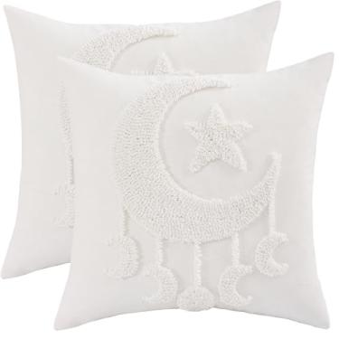 Imagem de Tosleo Capas de almofada bordadas Ramadã 45,7 x 45,7 cm, conjunto de 2 capas de almofada bege tufadas Ramadã Mubarak, decorações de lua e estrela do Ramadã para casa, sofá, área externa