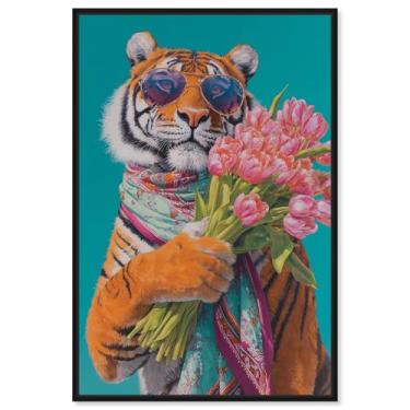 Imagem de Arte de parede glamorosa com estampa de tigre com buquê de animais de estimação por Art Remedy, moldura preta, 25 x 38 cm