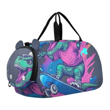 Imagem de Bolsa esportiva para meninos durante a noite, bolsa esportiva fofa com estampa de elefante no gelo, bolsas de viagem para meninas, compartimento para sapatos, Dinossauro legal para skate, Clássico