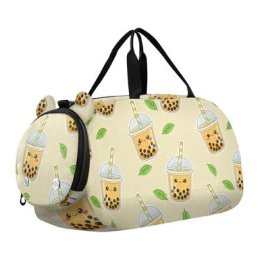 Imagem de Bolsa esportiva para meninos de fim de semana para noite com caras fofas de coala, amarelo claro, bolsas de viagem para meninas, compartimento para sapatos, Xícaras de chá fofas com bolhas, amarelo