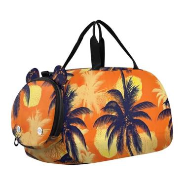 Imagem de Bolsa esportiva para meninos com desenho animado colorido de gatos rosa vibrante durante a noite para meninas para viagem, academia, bagagem infantil, Palmeira preta, laranja, amarela, Clássico