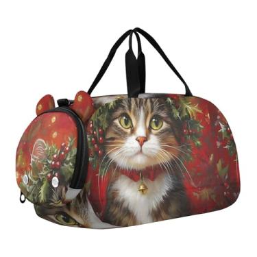 Imagem de Bolsa esportiva para meninos de fim de semana durante a noite com rosas de abelha real vintage estética bolsa de viagem para meninas com alça de ombro, Guirlanda de azevinho de gato de Natal vermelha