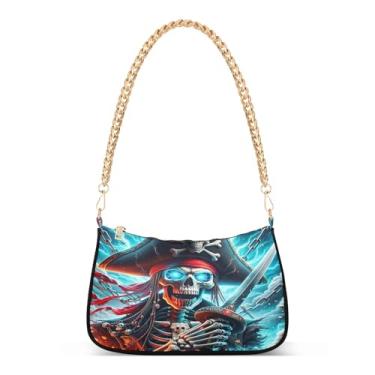 Imagem de Bolsa de ombro engraçada com corrente de capitão de caveira, bolsa Hobo com estampa artística de pirata para mulheres, bolsa clutch moderna para noite