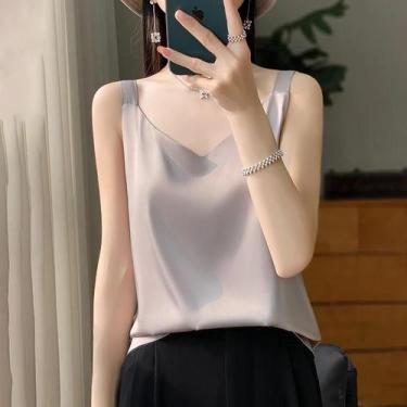 Imagem de Top Feminino De Seda Solto Com Decote Em V, Colete Fino De Acetato Sat