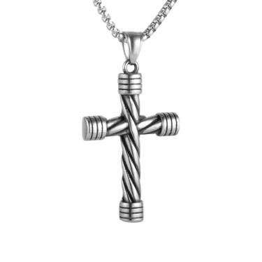 Imagem de Colar com pingente de cruz masculino e feminino, aço inoxidável 316L, corrente quadrada de pérola de aço inoxidável prata, joia vintage de amuleto