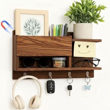 Imagem de Colingmill Suporte de parede, organizador magnético de madeira, 4 ganchos montados na parede, rack multifuncional estilo casa de fazenda, marrom queimado para entrada, corredor, quarto, geladeira