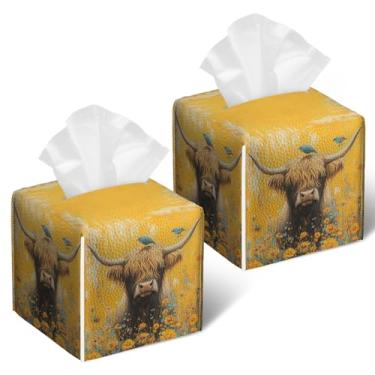 Imagem de Highland Cow Capa de caixa de lenços floral 2 peças, porta-lenços de couro de pássaro, caixa de papel facial quadrada, organizador de cubos para banheiro, quarto, mesa, escritório
