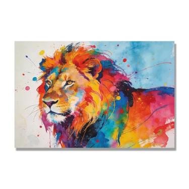 Imagem de NHLDZYH Arte abstrata de salpicos de leão, pintura colorida de animais em tela, decoração de parede expressiva moderna para sala de estar ou escritório. A70. 50 x 75 cm-19,7 x 29,6 pol. Somente tela