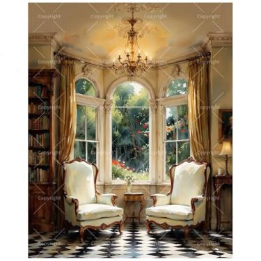 Imagem de Kit de pintura interior por números para adultos – DIY elegante sala de leitura com cadeiras e lustre pintura em tela 40,6 x 50,8 cm, conjunto de tinta acrílica, adequado para iniciantes, arte de casa