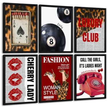 Imagem de Arte de parede de leopardo vermelho Cheetah Estética na moda decoração de parede em tela 8 pôsteres de bolinhas leopardo Y2k imagens de coquete elegante pintura da sorte para dormitório feminino