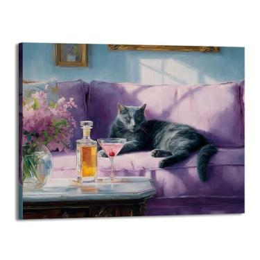 Imagem de Gato preto com Martini impressão artística bonito gato peculiar coquetel bar decoração moderna casa cozinha arte de parede pintura em tela pôster estética (SKU4,27.9x35.6 cm = (28x35 cm), emoldurado