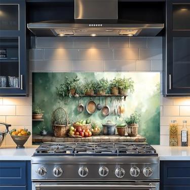 Imagem de NYZE Adesivos de cozinha Backsplash protetor impermeável para fogão, papel de parede removível de 76 x 40 cm com decoração de arte de parede para área de cozimento de fogão (prateleira de cozinha)