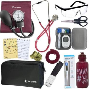 Imagem de Kit Enfermagem Estágio Aparelho Pressão Estetoscópio Medidor Glicose -