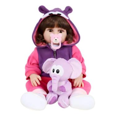 Imagem de Bebê Reborn com Elefantinho Roxo Vinil com Finish Silicone 48cm Cabelo Kanelon Costurado Olhos Castanhos Roupa Rosa e Roxa com Touca Inclui Acessórios 3+ Anos
