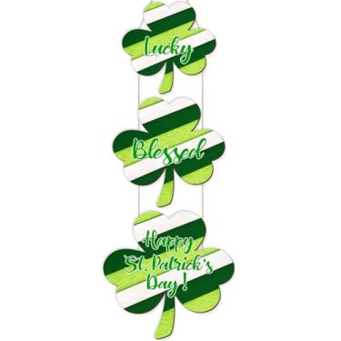 Imagem de Arosche 3 peças de decoração de dia de São Patrício, guirlanda de pendurar na porta, sorte, abençoado, feliz dia de São Patrício, trevos irlandeses, placa de porta de madeira, guirlanda de boas-vindas