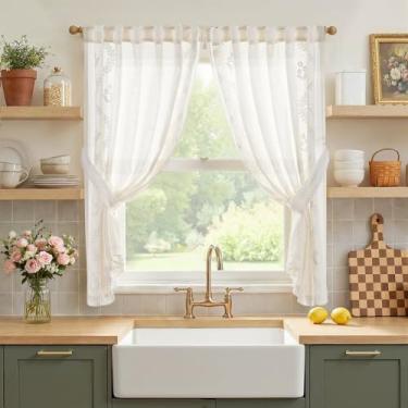 Imagem de jinchan Belrose Cortinas Florais Linho Café 137 cm Comprimento Cortinas Bordadas Casa de Fazenda para Cozinha, Quarto, Banheiro, Pequeno, Janelas, Conjunto de Cortinas Filtragem de Luz 2 Painéis