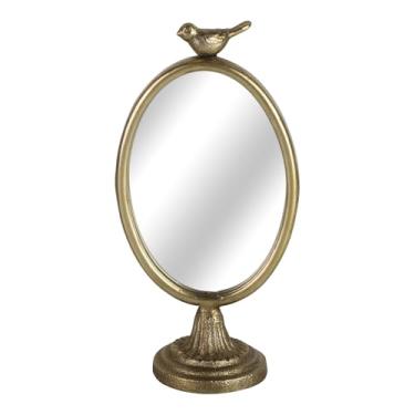 Imagem de NIKKY HOME Espelho oval vintage dourado, mesa antiga com decoração de pássaros, pequeno espelho de maquiagem para quarto, sala de estar, vestiário