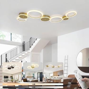 Imagem de Luminária de teto LED Star Moon para sala de estar, modelo Simplicity, dimerizável (3000K-6500K), 180W, com controle remoto, lustre para quarto, escritório e casa (dourada, 7 anéis).