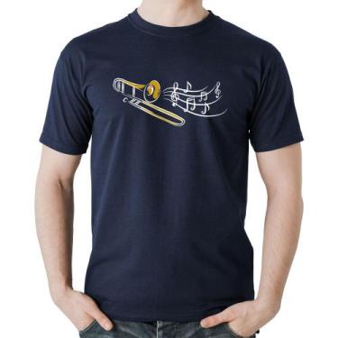 Imagem de Camiseta Algodão Trombone Notas Musicais - Foca na Moda, Marinho, G