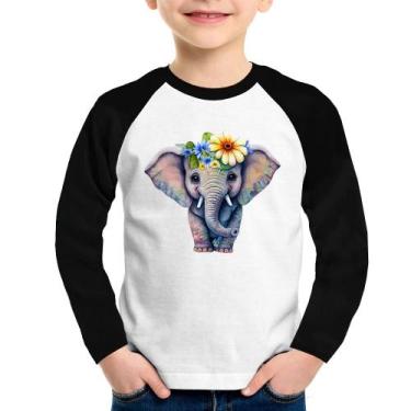 Imagem de Camiseta Raglan Infantil Elefante E Flores Manga Longa - Foca na Moda,