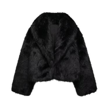 Imagem de Casaco Feminino De Pele Sintética Preta Manga Longa Quente Outono Inve