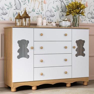 Imagem de Cômoda Infantil 125cm 2 Portas Com Vidro E 4 Gavetas Ternura Multimóveis Mp4480 Madeirado/branco Madeirado/branco