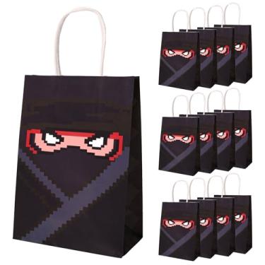 Imagem de 12un Sacolas Presente Aniversário Ninja, Tema Pixel Mascarado Ninja Favores Festa Sacos com Alças Papel Kraft Sacola Pacote Decorações para Crianças Aniversário Festa Suprimentos