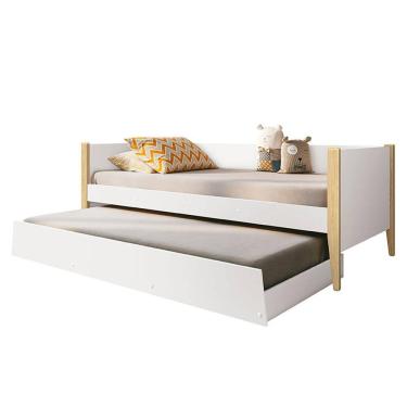 Imagem de Bicama Solteiro Noah Branco Acetinado com Pés Madeira Natural - Reller