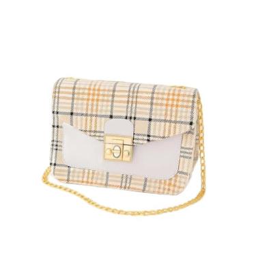 Imagem de Bolsa transversal xadrez feminina – Bolsa de ombro quadrada pequena estilo coreano com fecho de trava, Branco, Medium, Mochila casual