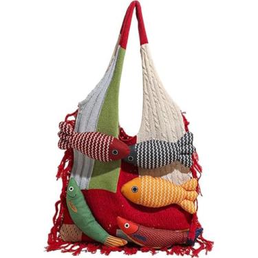Imagem de 3D Fish Knitted Fringe Tote Bag, Lightweight Large Capacity Shoulder Bag With Fish Decoration, For Travel Vacation (Red)