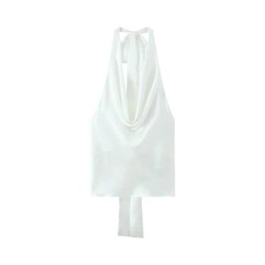 Imagem de Blusa Feminina De Cetim Com Gola Halter Ajustável, Sem Mangas, Costas 