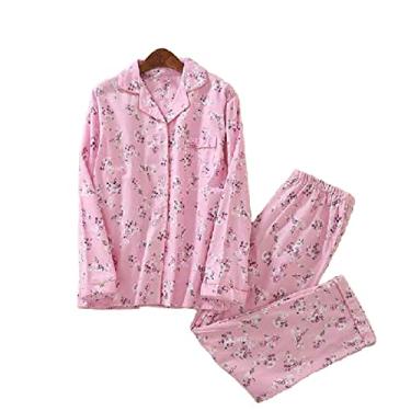 Imagem de Pijama feminino primavera outono conjunto de pijama feminino 2 peças roupa íntima feminina (flor de rosa grande)