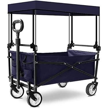 Imagem de Carrinho dobrável de jardim com dossel carroça resistente carrinho de compras multifuncional vagão de praia resistente para compras e atividades ao ar livre (cor: vermelho) (azul tibetano)