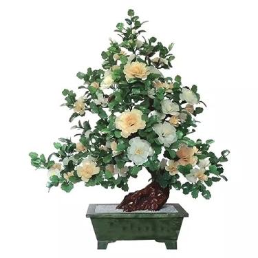 Imagem de URGDWEKJY Árvore artificial esculpida em jade flor peônia grande sala de estar villa hotel clube restaurante jade escultura aterrissagem ornamentos grandes árvore falsa