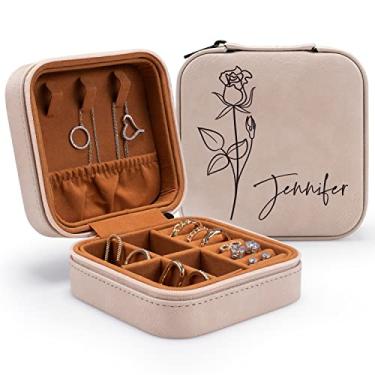 Imagem de Caixa organizadora de joias personalizada de couro personalizado com nome e flor de nascimento - presentes de aniversário para mulheres, estojo de viagem de joias personalizadas para mãe - bege (rosa)