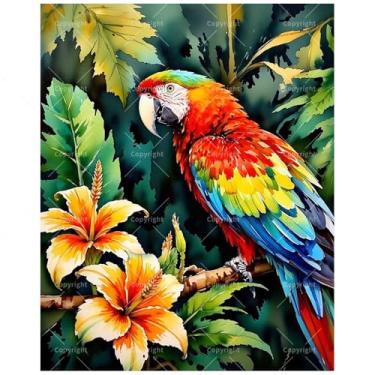 Imagem de Kit de pintura de pássaros tropicais por números para adultos - Pintura de papagaio DIY com flores de hibisco em tela, conjunto de tinta acrílica, adequado para iniciantes, arte para decoração de casa