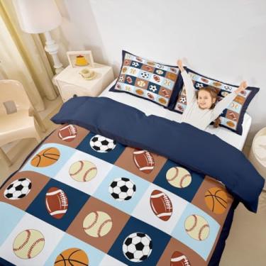 Imagem de Manfei Jogo de capa de edredom infantil com bola esportiva, tamanho casal, conjunto de roupa de cama para meninas e meninos, decoração de quarto quadrado geométrico de beisebol, capa de edredom azul