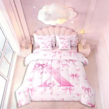 Imagem de Jogo de cama casal com letra X com laço kawaii, com laço floral kawaii, rosa e sonhadora, inclui edredom, conjunto de lençóis, fronhas e fronhas, decoração de quarto com laço rosa