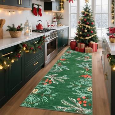 Imagem de GarveeHome Tapete de folhas de Natal 5 x 20 cm para cozinha, lavável na máquina, tapete botânico, cabeceira verde, decoração de Natal para entradas, corredores, banheiro, lavanderia, sala de estar
