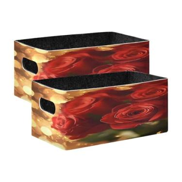 Imagem de xigua Conjunto de 2 caixas de armazenamento de rosas vermelhas, cubo de armazenamento dobrável, organizador de cestas de armazenamento para decoração de casa, prateleiras de livros, armário