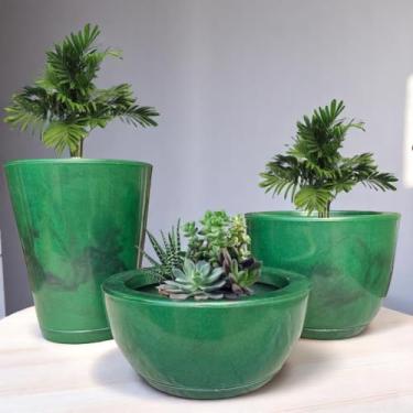 Imagem de Kit Jogo 3 Vasos Luxo Marmorizados Polietileno Planta Flor Jardim Varanda Moderno Elegante (Verde)