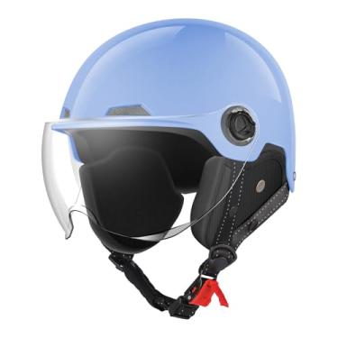 Imagem de Capacetes de motocicleta com certificação DOT, meio capacete estilo alemão, scooter de bicicleta elétrica com óculos de para-brisa, capacete retrô legal para homens e mulheres (azul, M)