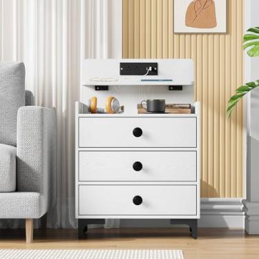 Imagem de Mesa de cabeceira Rreyet com estação de carregamento, suporte noturno de 3 gavetas com portas USB e prateleira de armazenamento aberta, mesa de cabeceira moderna para quarto, lado do sofá, armário