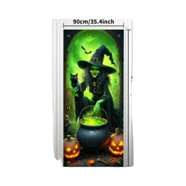 Imagem de Banner De Porta De Halloween Com Bruxa E Gato Preto, Decoração De Fest