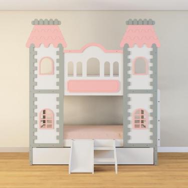 Imagem de Beliche Castelo Encantado 02 Gavetas Kit Escada/escorregador - Madeira Maciça Branco/cinza/rosa Housin